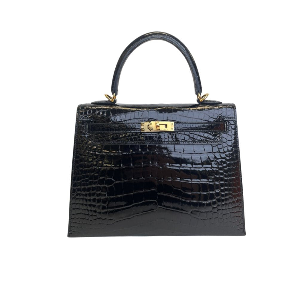 Hermes Kelly 25 Black Shiny Alligator