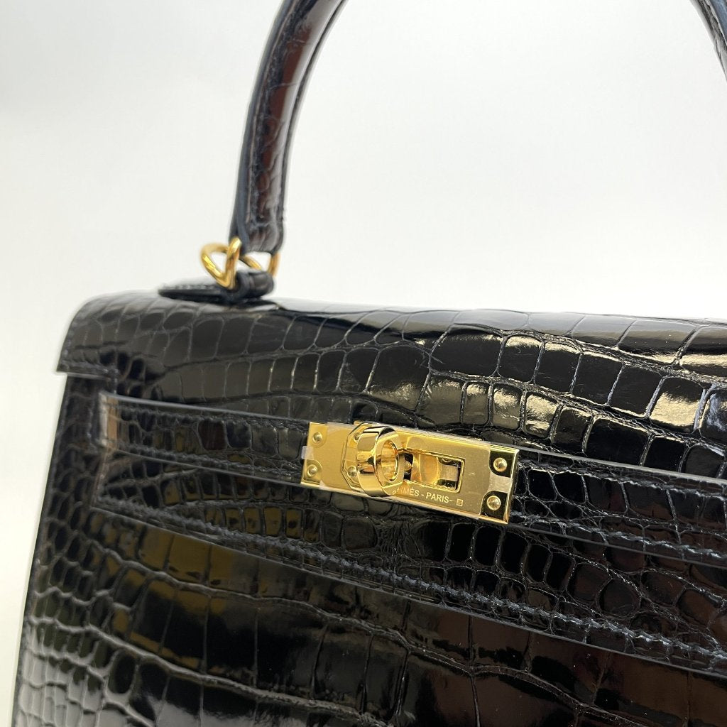 Hermes Kelly 25 Black Shiny Alligator