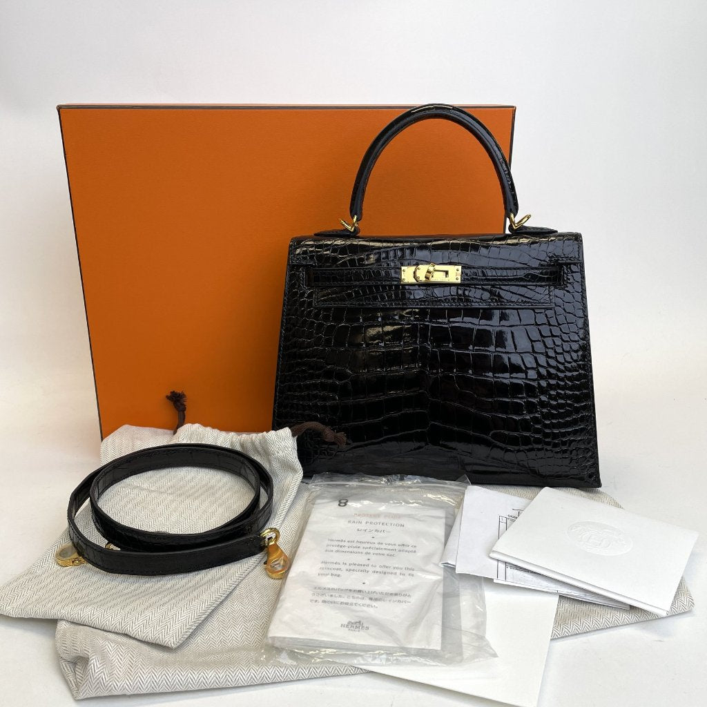 Hermes Kelly 25 Black Shiny Alligator