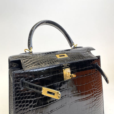 Hermes Kelly 25 Black Shiny Alligator