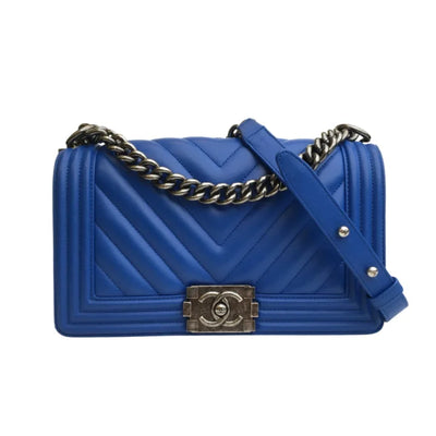 Chanel Chevron Boy Bag Old Medium Blue Calfskin RHW