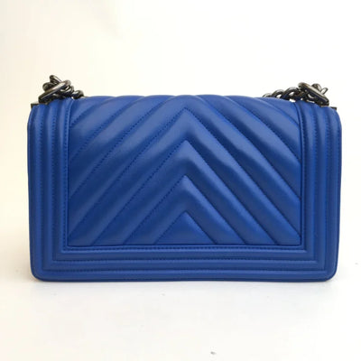 Chanel Chevron Boy Bag Old Medium Blue Calfskin RHW