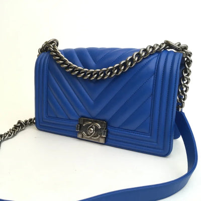 Chanel Chevron Boy Bag Old Medium Blue Calfskin RHW