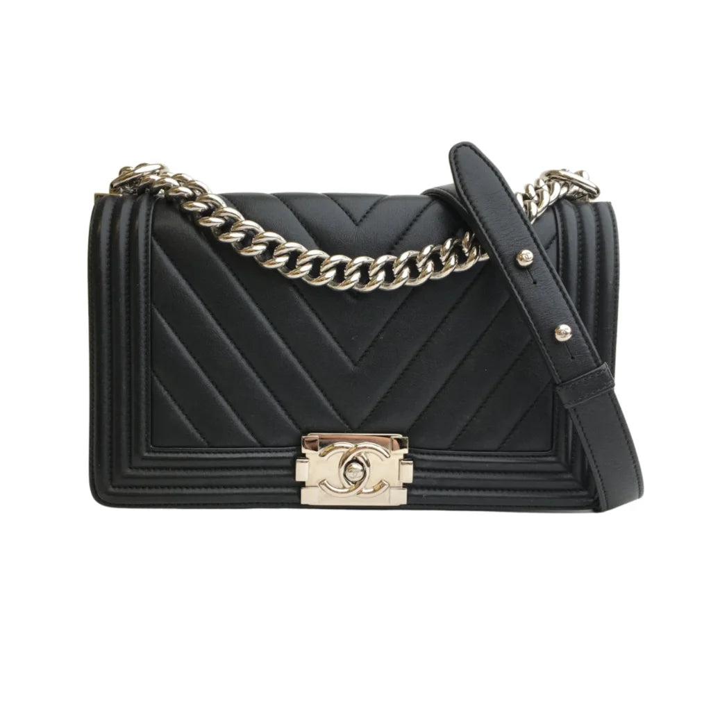 Chanel Chevron Boy Bag Old Medium Black Lambskin SHW