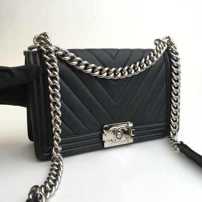 Chanel Chevron Boy Bag Old Medium Black Lambskin SHW