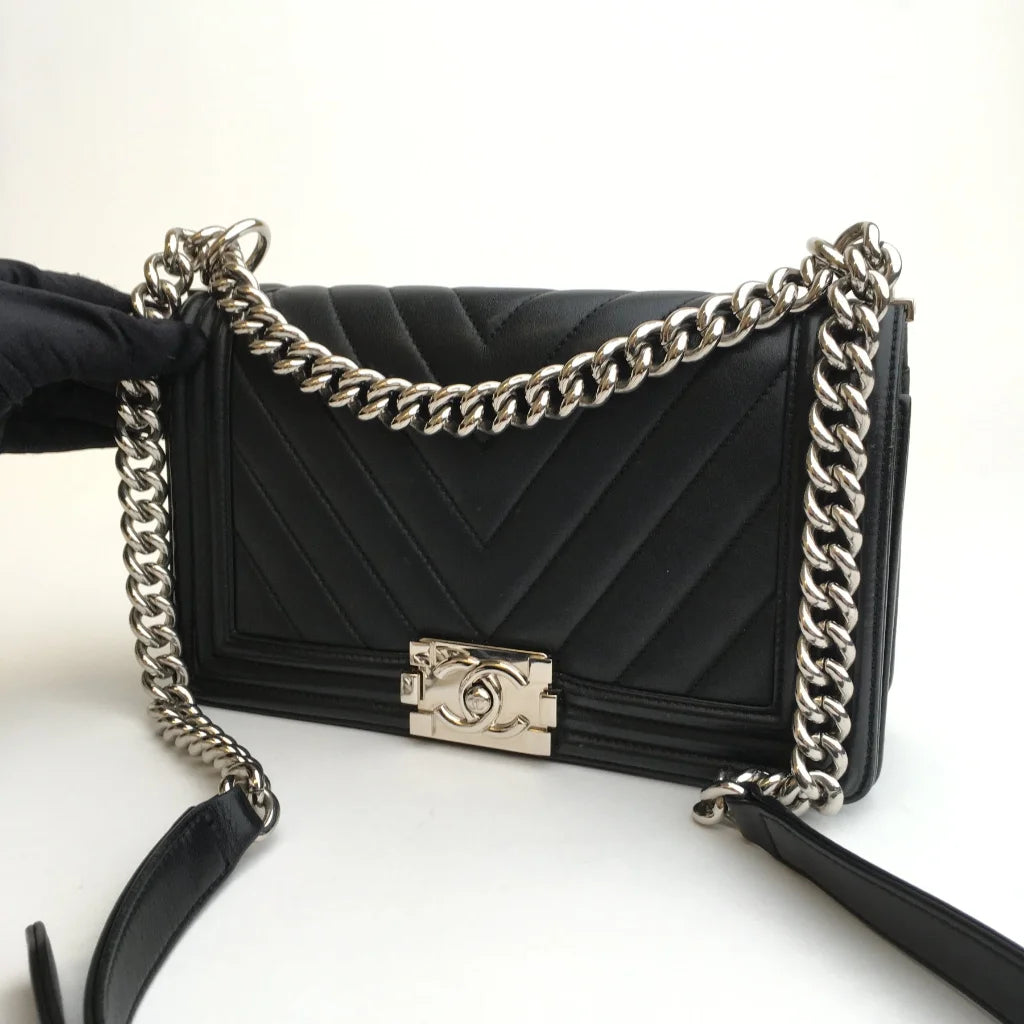 Chanel Chevron Boy Bag Old Medium Black Lambskin SHW