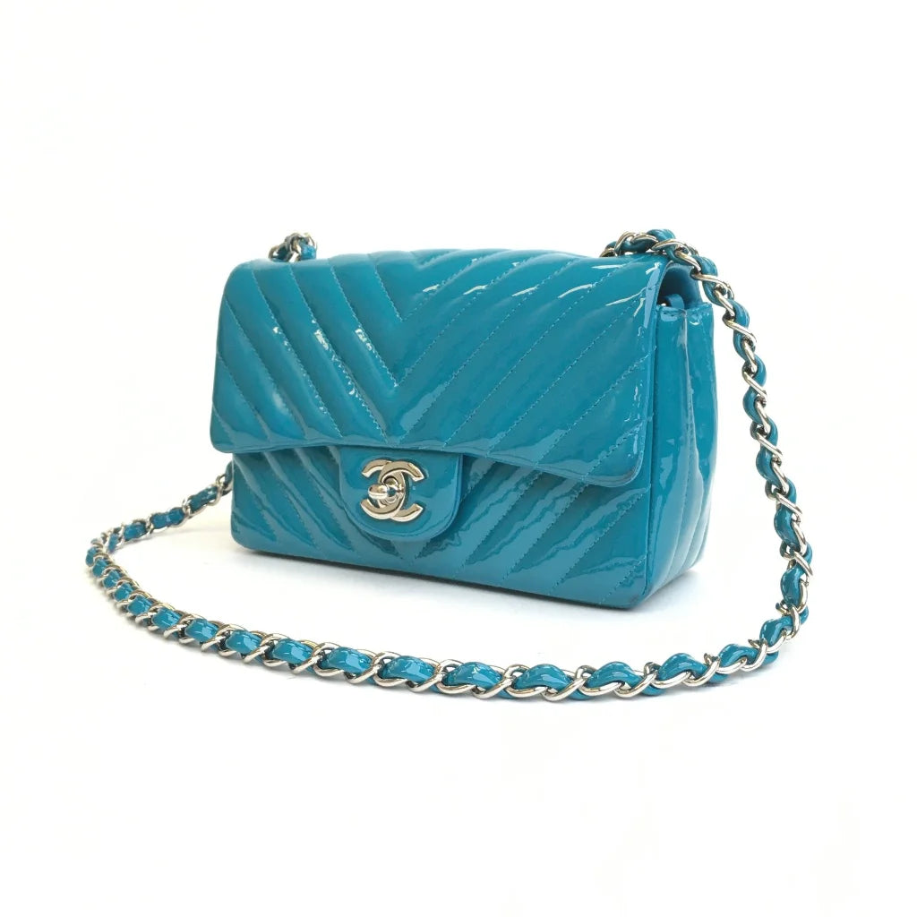 Chanel Chevron Mini Rectangle Blue Patent SHW