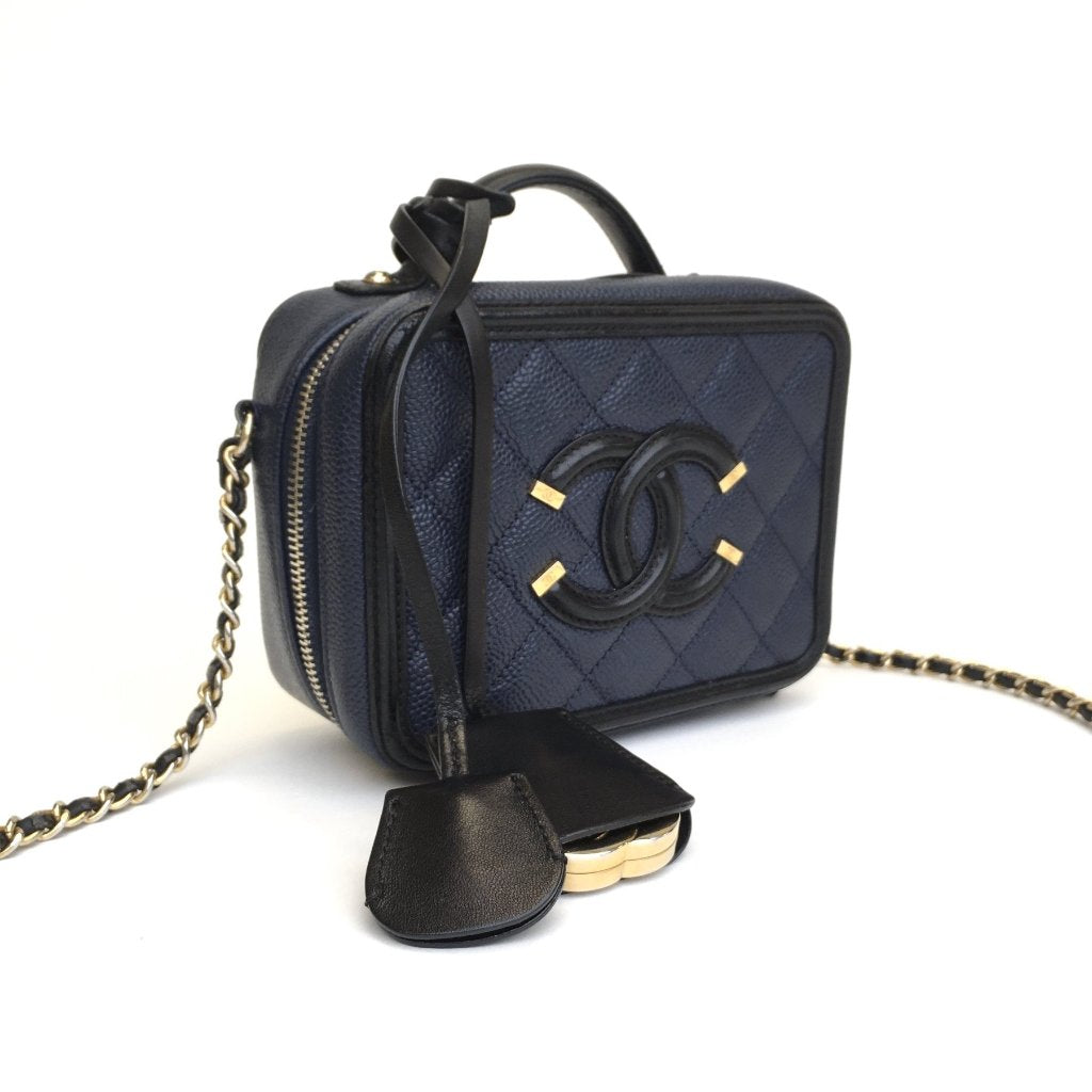 Chanel Filigree Vanity Case Mini Blue/Black Caviar