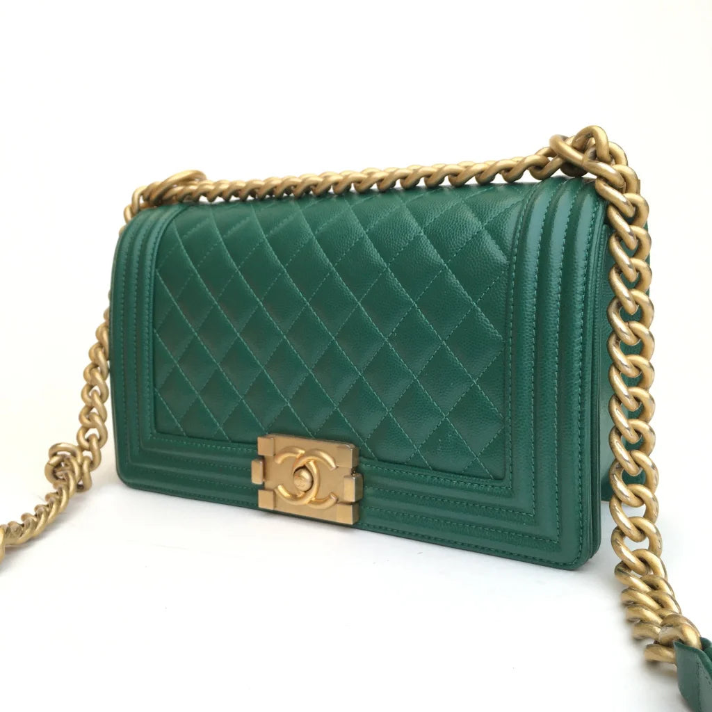 Chanel Boy Bag Old Medium Green Caviar