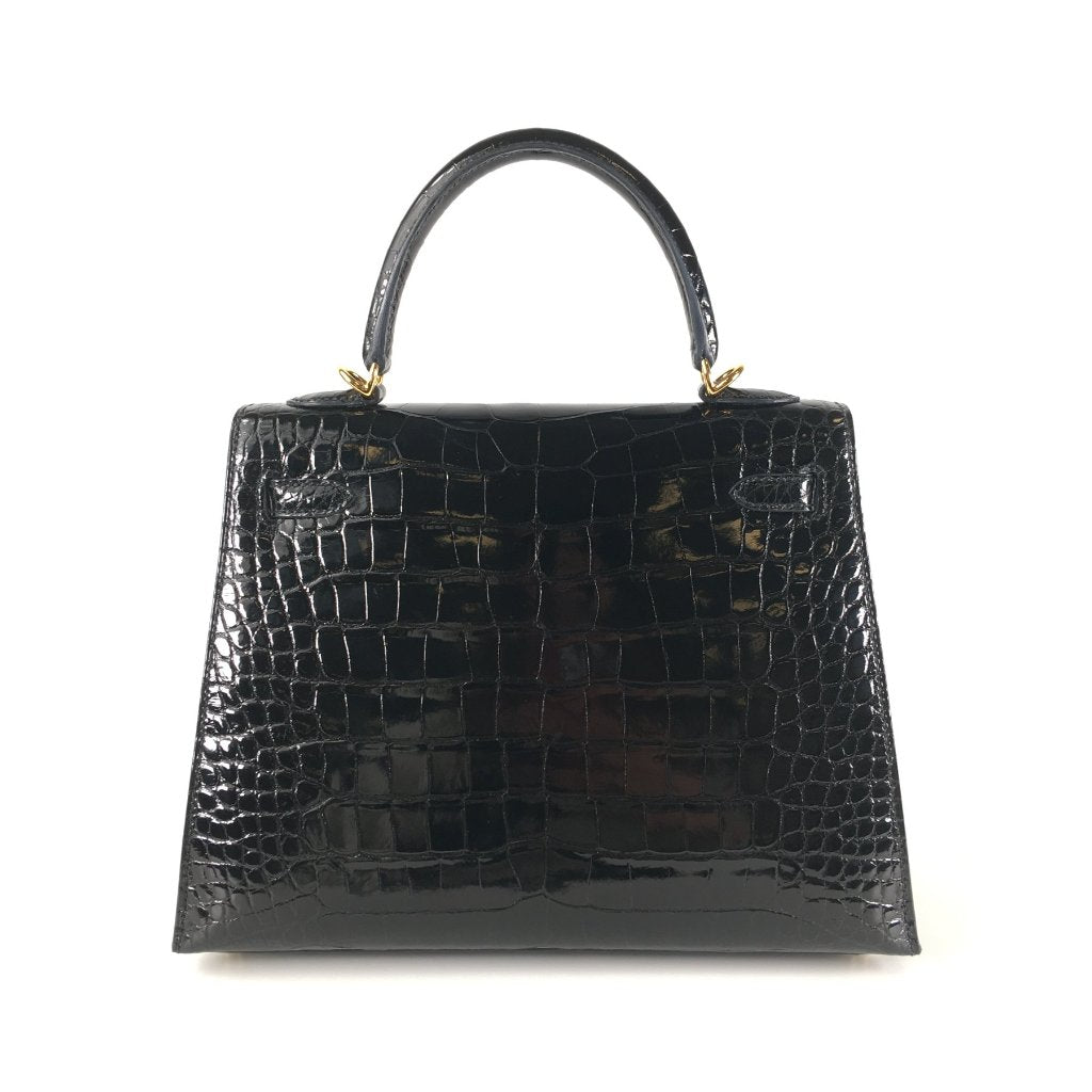 Hermes Kelly 25 Black Shiny Alligator