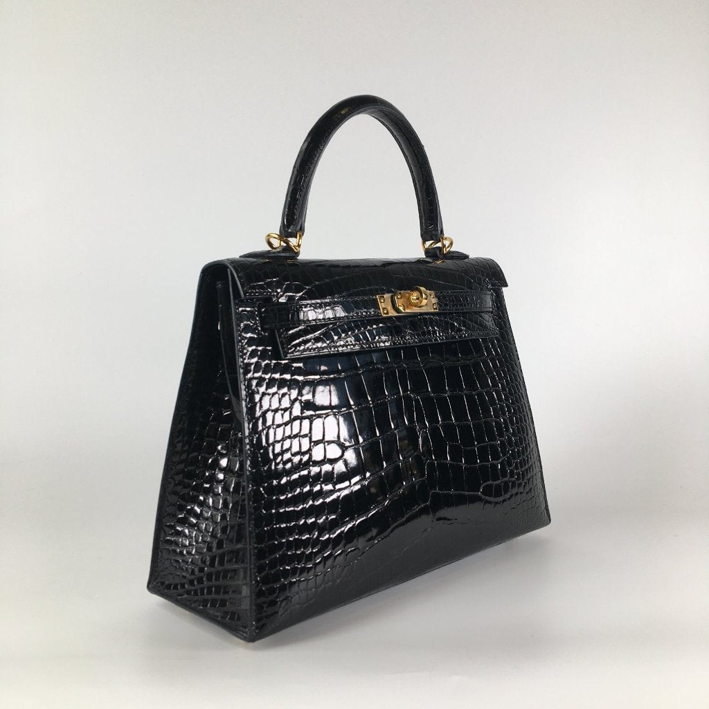 Hermes Kelly 25 Black Shiny Alligator