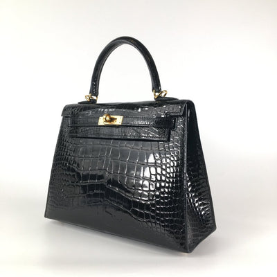 Hermes Kelly 25 Black Shiny Alligator