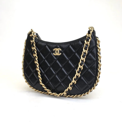 Chanel Round Hobo Bag Small Black Lambskin AGHW