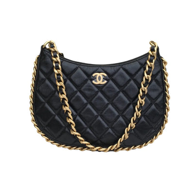 Chanel Round Hobo Bag Small Black Lambskin AGHW