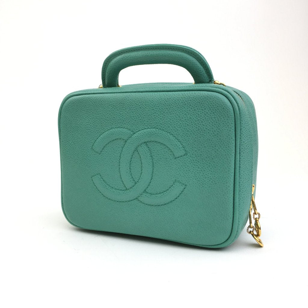 Chanel 1997 Vintage 2Way Vanity Case Green Caviar