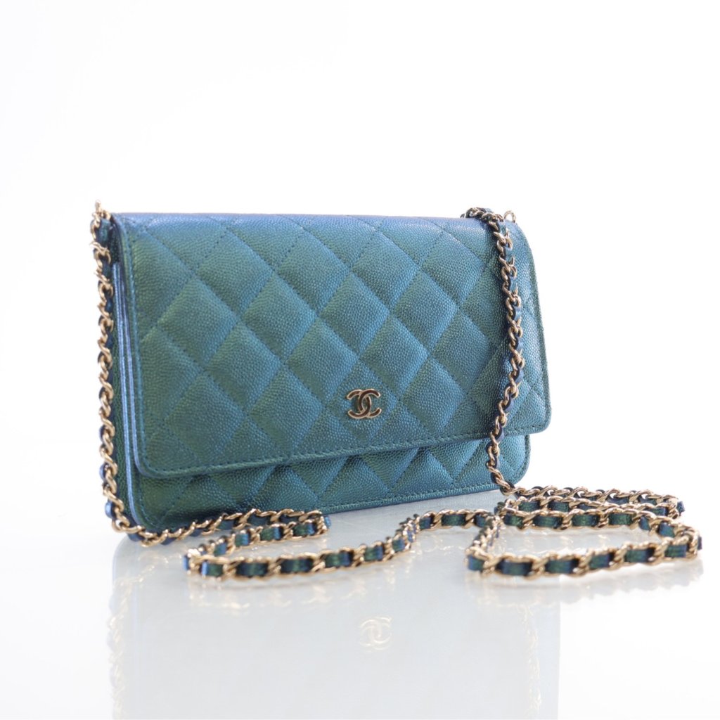 Chanel Wallet On Chain (WOC) Blue Green Iridescent Caviar