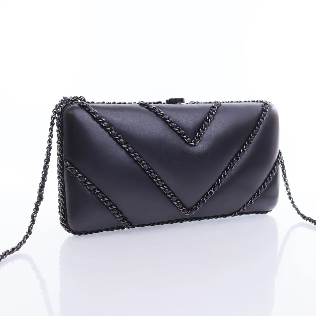 Chanel Chevron Clutch with Chain So Black Lambskin