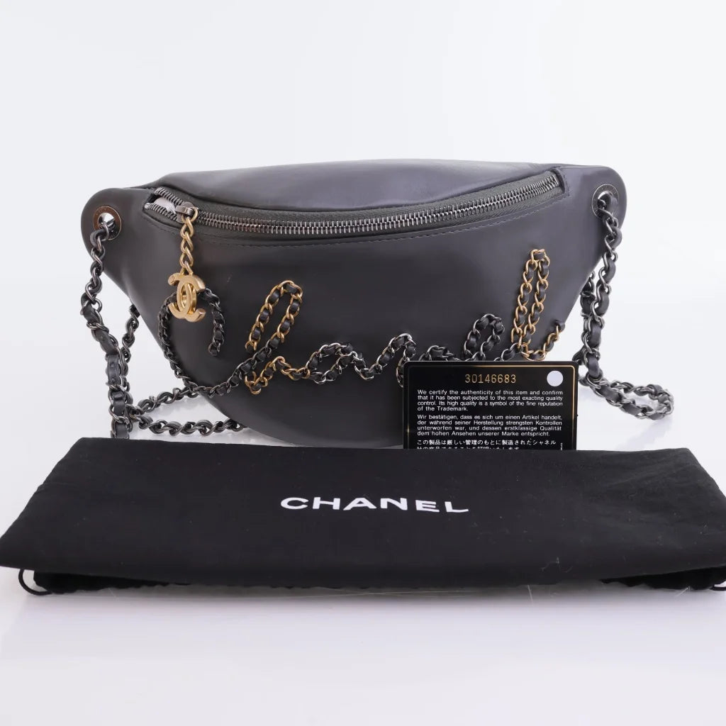 Chanel Chain Signe Waist Bag Grey Calfskin