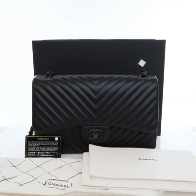 Chanel Classic Chevron Jumbo Flap Black Lambskin