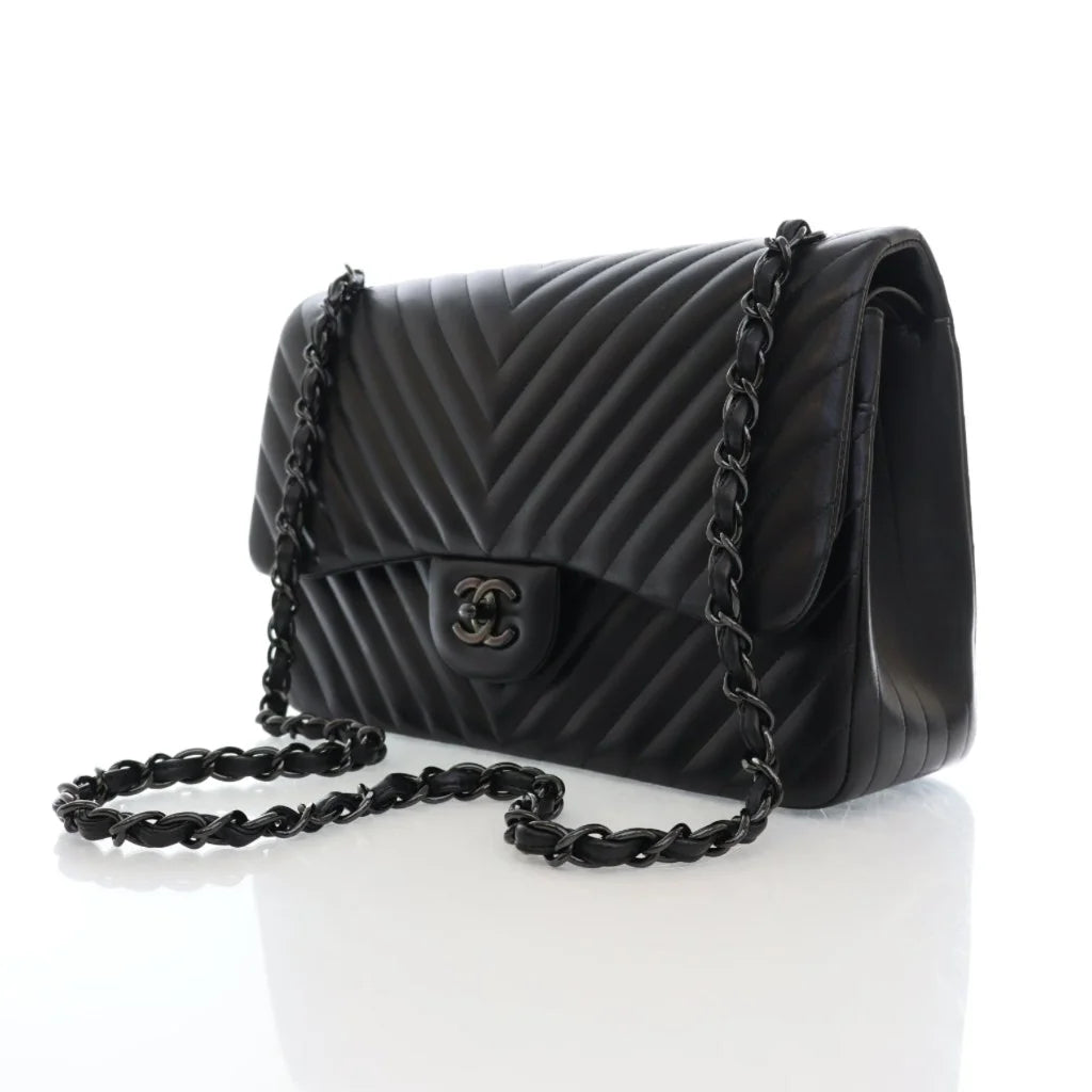 Chanel Classic Chevron Jumbo Flap Black Lambskin