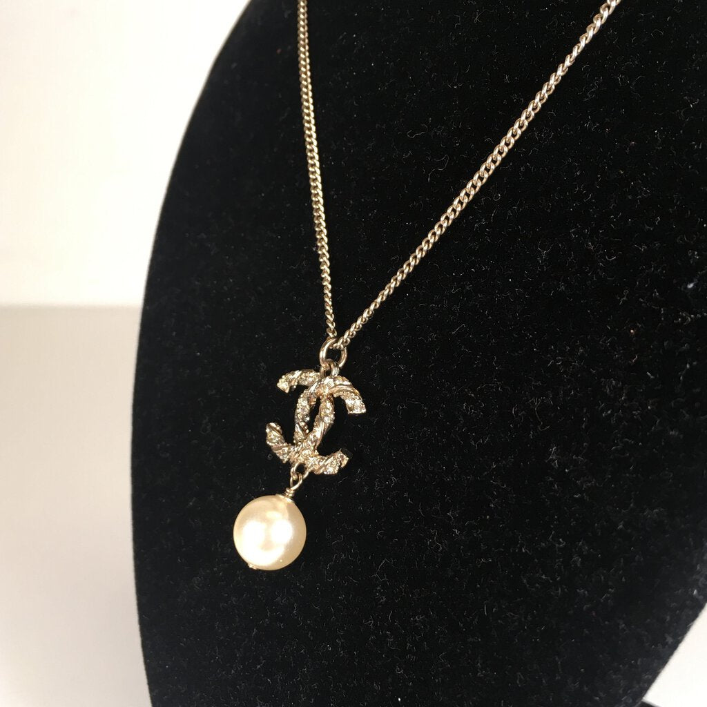 Chanel Crystal CC Pearl Drop Necklace