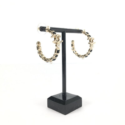 Chanel Black Stone pearl hoop earrings