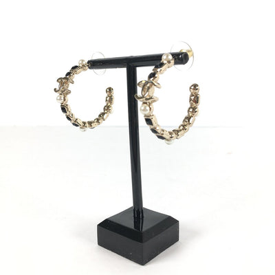 Chanel Black Stone pearl hoop earrings