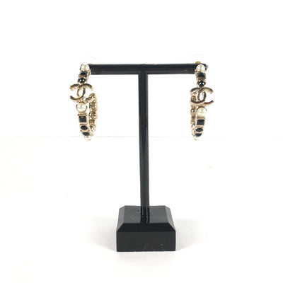 Chanel Black Stone pearl hoop earrings