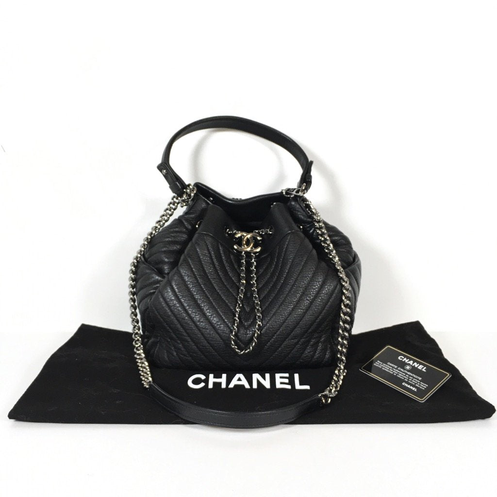 Chanel Drawstring Bag in black with silver hardware 