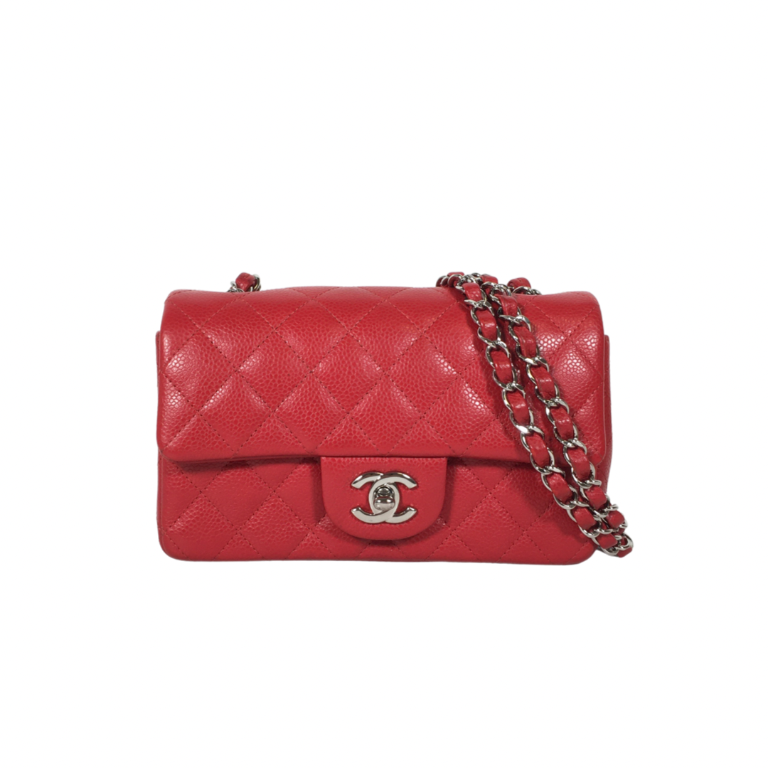 Chanel Classic Mini Rectangle Handbag in True Red with silver hardware 